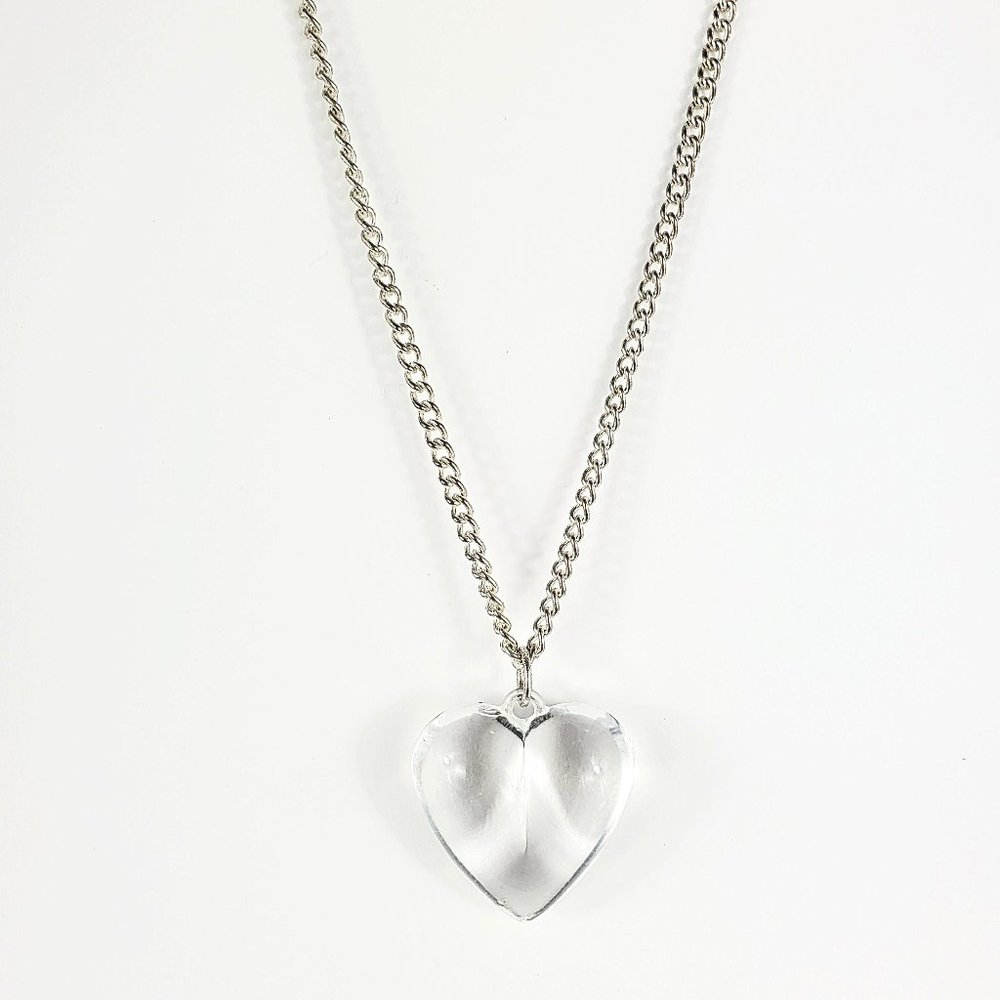 90s Y2K Clear Heart Pendant on Long Silver Chain Women's Necklace